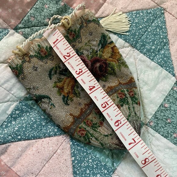 Antique Victorian Beaded Drawstring Purse Reticule Micro Beaded Floral Handbag - Picture 9 of 9